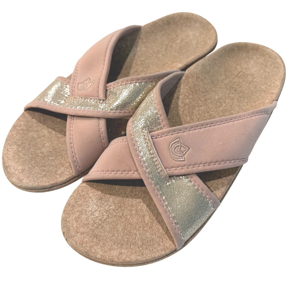 Spenco Womens‎ Orthotic Slide Sandals Blush Pink Gold Metallic Strappy Size 10